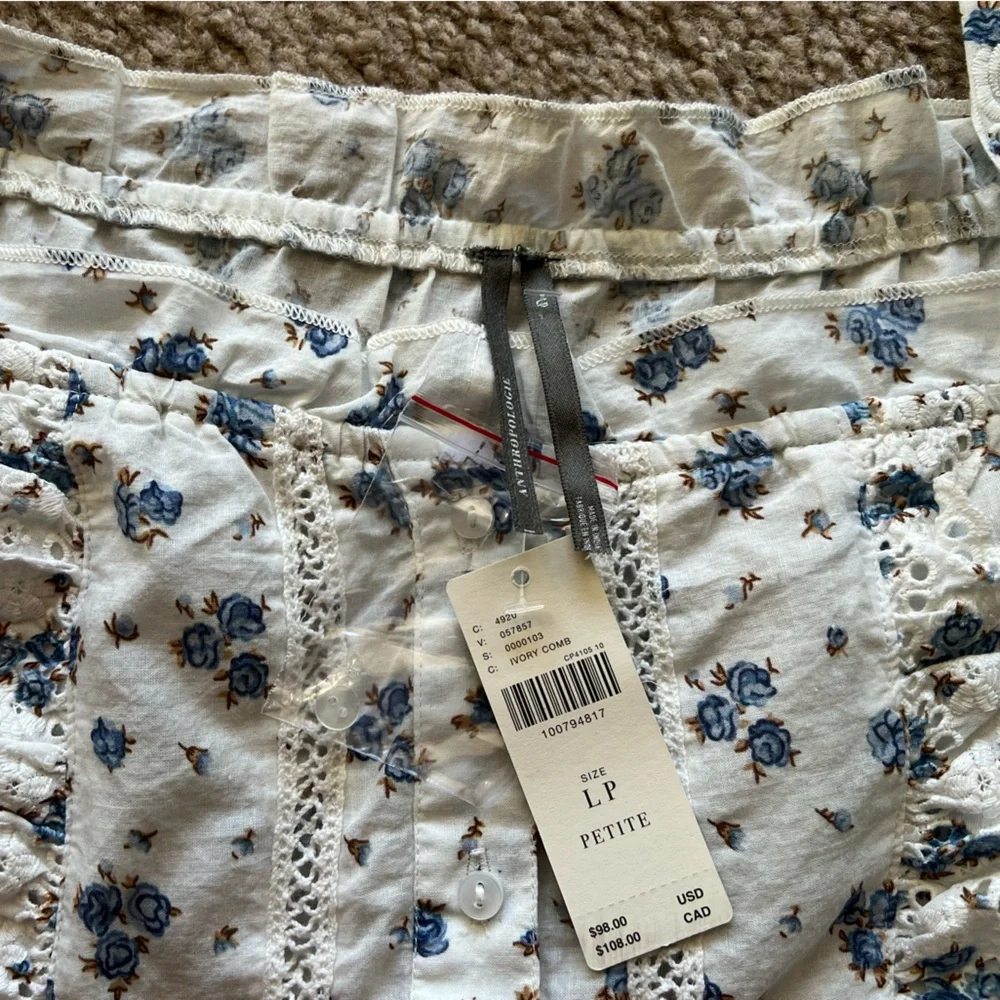 NWT By Anthropologie Puff-Sleeve Eyelet Top size LP Ivory Blue Floral Print Boho